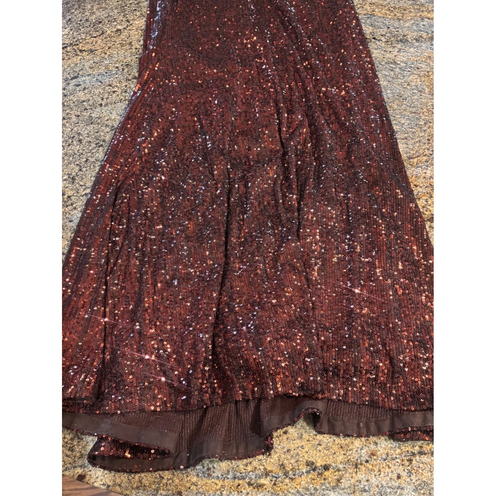 Betsy & Adam Georgia Brown Sequin Off the Shoulder Gown A25492 Size 10 Wedding - Picture 8 of 13